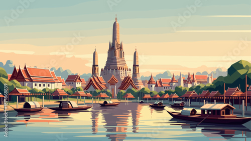 Serene landscape of wat arun temple with boats on chao phraya river in thailand