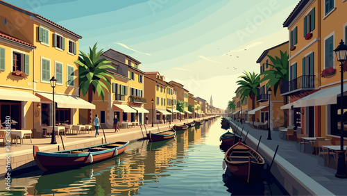Charming canal view with vibrant italian architecture and boats at sunset