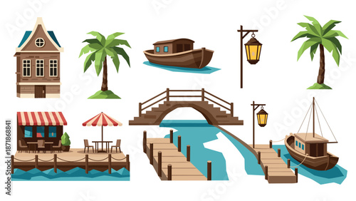 Charming waterfront elements with boats and palm trees in flat style