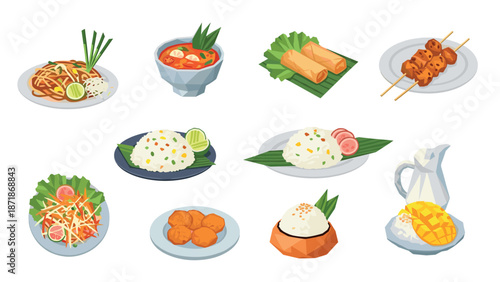 Isometric thai cuisine dishes with traditional ingredients and presentation