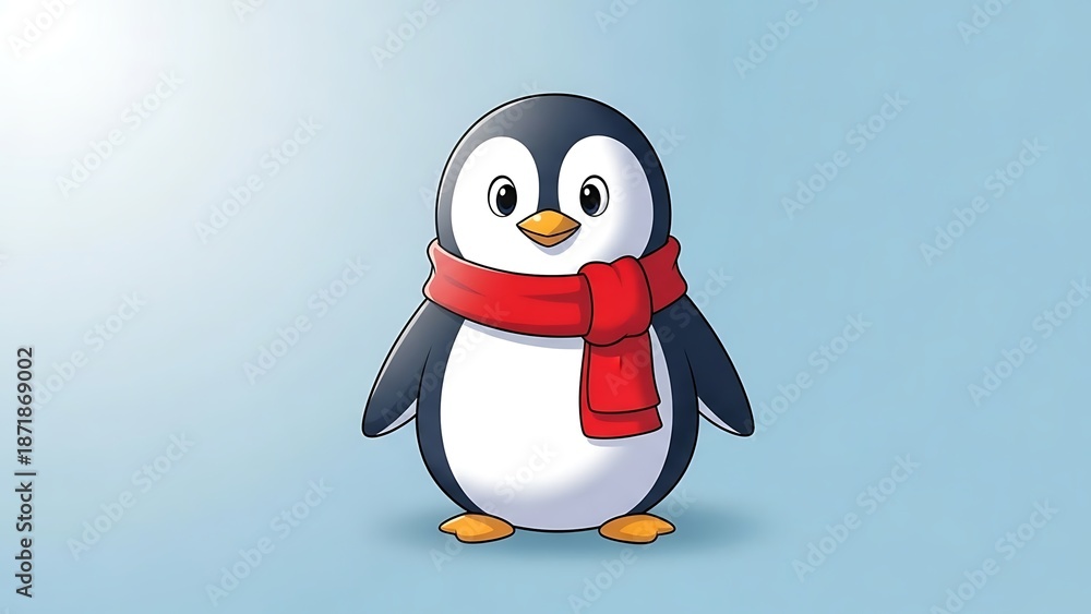 Naklejka premium Cute cartoon penguin wearing a red scarf, a charming illustration of a friendly penguin character for winter and holiday themes
