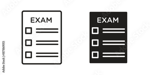 Exam icons line and solid version, outline and filled vector design set