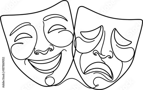 Theatrical masks representing comedy and tragedy, expressing contrasting emotions with white background