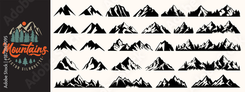 Vector mountain silhouette, hill peak background and nature landscape collection for camping or travel business logo. Mountain forest line art with pine or christmas tree. Summer or winter hiking icon