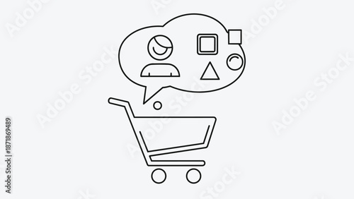 Shopping cart with thought bubble and user profile icons.