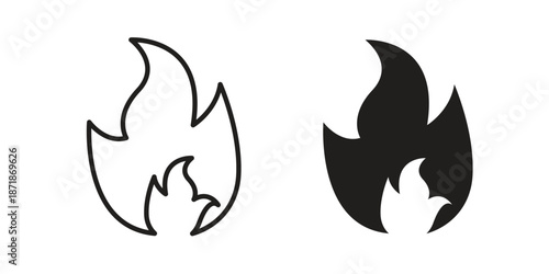 Fire icons line and solid version, outline and filled vector design set