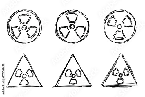 Set of hand drawn radiation sign Nuclear radiation hazard symbol Radioactive danger warning doodle Radioactive waste Single element for print, web, design, decor