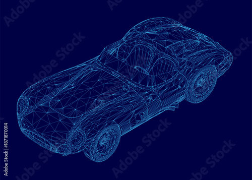 Retro sport cabriolet car wireframe model with a 3D effect, composed of various lines and shapes on a solid blue background. Isometric view