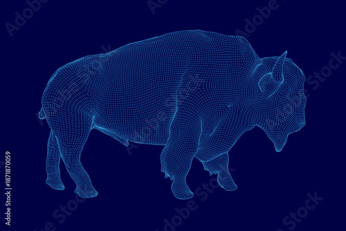 A wireframe bison walks on a stark blue background. The detailed 3D model has a realistic look and feel with its geometric mesh structure.