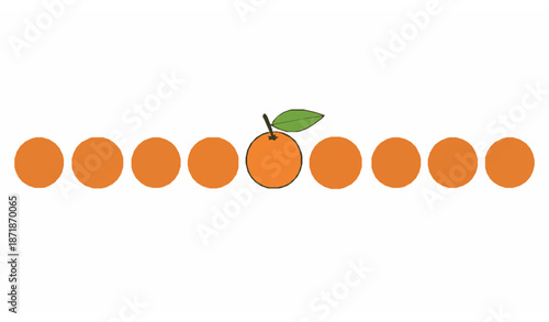 Orange fruit vector row with green leaf in minimalist flat style on white background