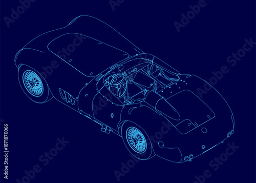 Blueprint of a classic sports car with sleek curves and aerodynamic contours. The detailed retro cabriolet design stands out against a solid blue background. Isometric view