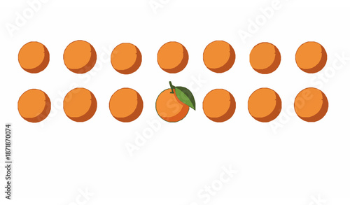 Orange fruit vector row with green leaf in minimalist flat style on white background