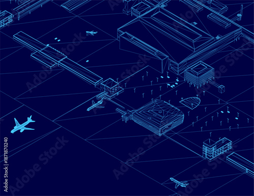 A detailed airport blueprint features an aeroplane flying over the city scene, highlighting terminal architecture and runway layouts. Isomatric view