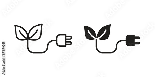 Green energy icons line and solid version, outline and filled vector design set