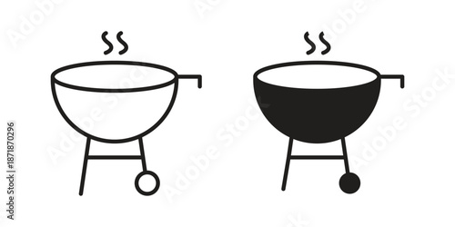 Grill icons line and solid version, outline and filled vector design set
