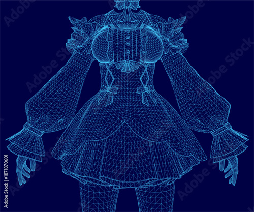 A 3D wireframe model of a girl in an intricately detailed dress stands out against a solid blue background. The realistic mesh features complex lines and elegant curves.