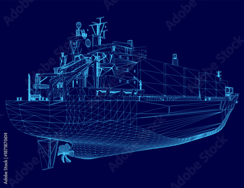 A detailed 3D wireframe model of a large container ship floats on a solid blue background. Its complex structure is defined by numerous interconnected lines and geometric shapes.