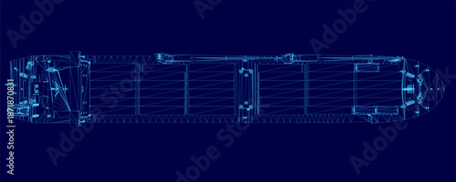 Blueprint of a detailed oil tanker container ship wireframe on a blue background, highlighting its complex engineering structure, technical components, and top-down perspective.