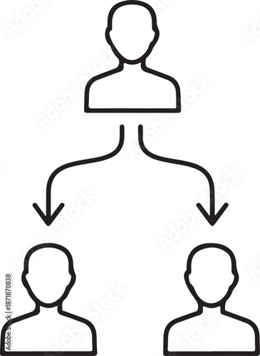 Simple icon of a person with two people below and arrows group hierarchy