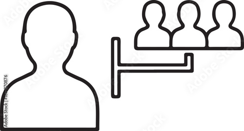 Single person icon connected to group of three person icons connection team