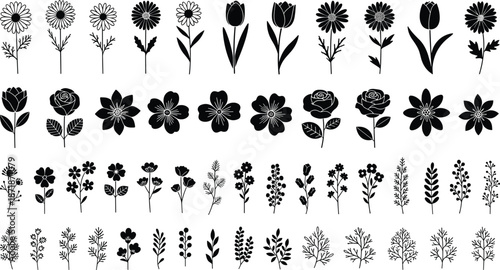 Black floral silhouette collection featuring botanical flowers and leaves icons in minimal monochrome style for design, print, and branding use