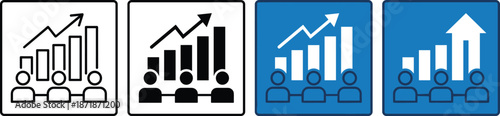 Business growth analytics icons showing team performance charts, upward trends, data visualization, corporate strategy, financial success metrics, dashboard infographic