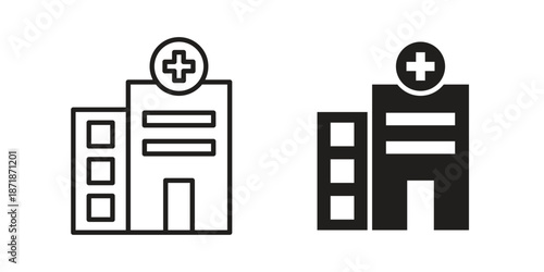 Hospital icons line and solid version, outline and filled vector design set