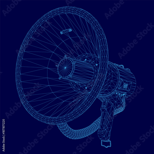 A 3D wireframe megaphone, is displayed on a solid blue background for a realistic technical visualization.