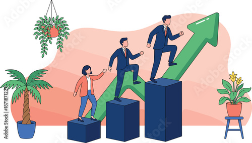 Business growth illustration showing professionals climbing upward arrow and bar chart steps symbolizing career progress, teamwork, success and leadership strategy