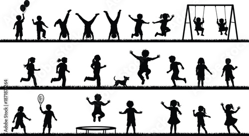 Children silhouettes playing outdoors with swings, running, jumping and games representing joyful childhood, active play, freedom, imagination and fun