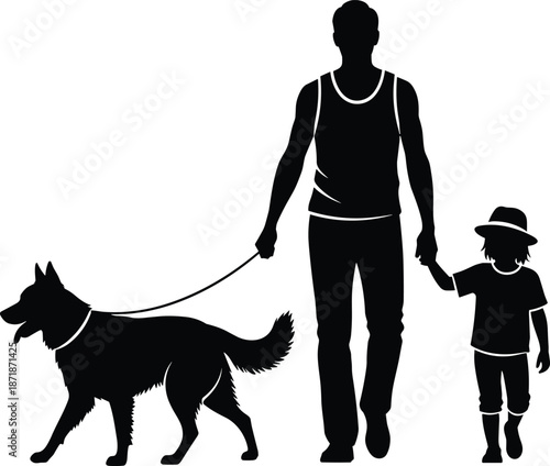 Father and child walking dog silhouette illustration, family bonding outdoors, parenting concept, black vector figures isolated on white background