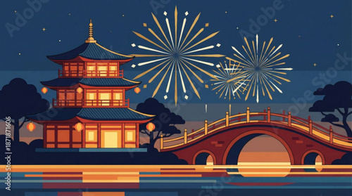 Landscape vector illustration : traditional chinese temple, moon bridge, fireworks, night sky, water reflections - Chinese New Year festive, Lunar celebration, Beijing China travel, tourism, luck