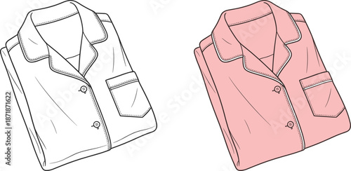 Minimal folded pajama shirt illustration in white and pink, cozy sleepwear design, fashion line art isolated on background
