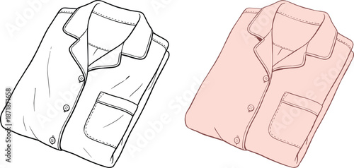 Minimal folded pajama shirt illustration set in line art and soft pastel color isolated on white background vector