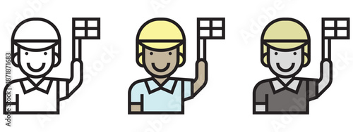 Smiling boy in helmet holding a checkered flag icon for sport and racing events