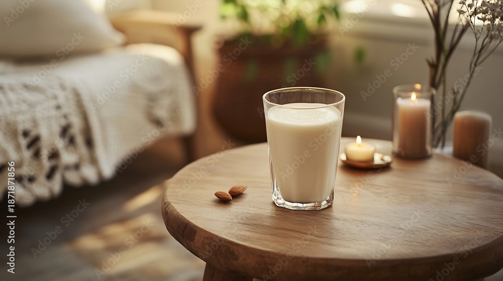 Obraz premium Serene meditation space with a glass of almond milk on a simple wooden table surrounded by candles and calming elements promoting mindfulness and relaxation in a tranquil environment