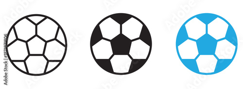Collection of soccer ball icons featuring outline, black and white, and blue designs