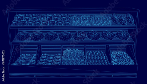 A wireframe display case on a blue background is filled with various bakery products and store items.