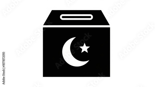 Black Charity Box with Crescent Moon and Star Symbol during Ramadan Donation