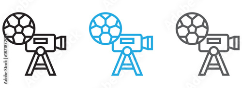 Video recording soccer match icon set showing sports broadcast and media coverage