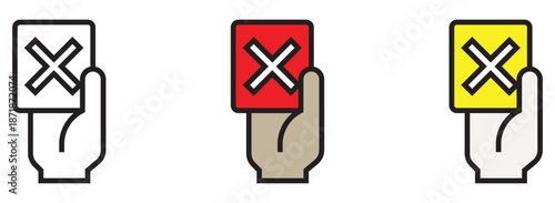 Referee hand holding red, yellow, and black and white cards with 'x' symbol for sports violation