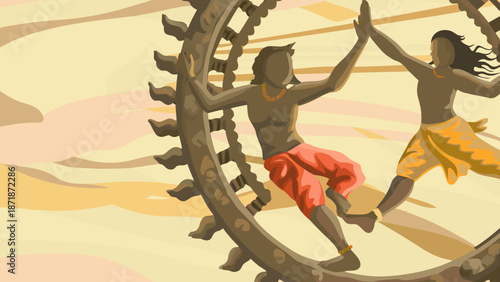 Two figures interacting with a large gear mechanism Vector