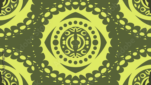 Intricate green and yellow geometric pattern with central symbol Vector