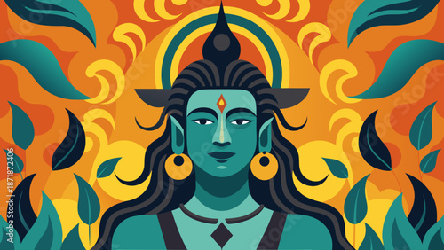 Vibrant depiction of a divine figure with ornate headgear and earrings Vector