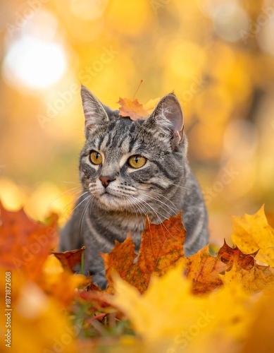Charming Tabby Cat Amidst Vibrant Autumn Foliage, Golden Light, Natures Beauty, Seasonal Portrait.