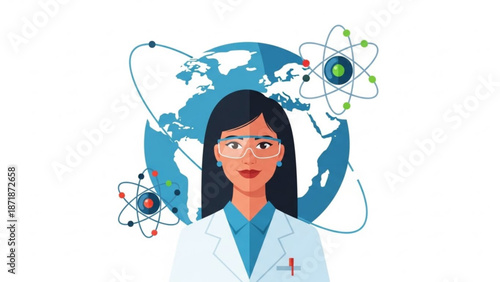 Female Scientist with Atom Models and Globe Illustration, Isolated on White, Vector Art