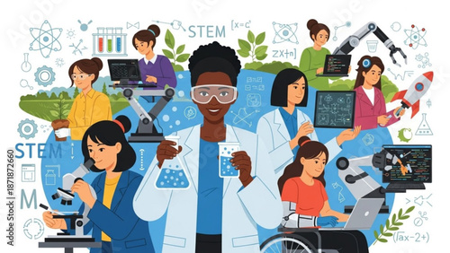 Diverse Scientists Working Together in Laboratory with STEM Elements