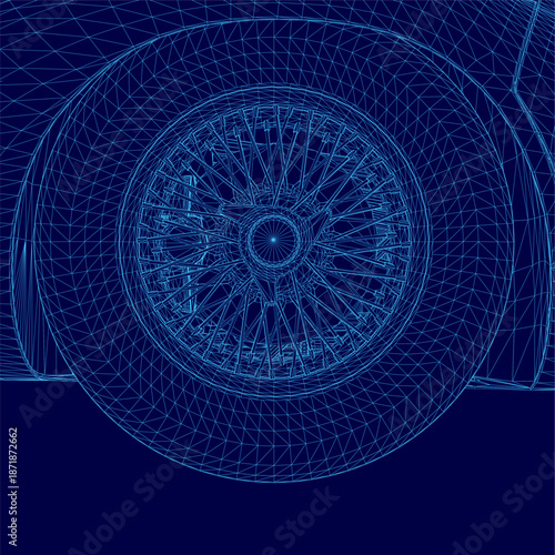 A detailed 3D wireframe model of a car wheel features intricate lines and geometric shapes against a solid blue background.