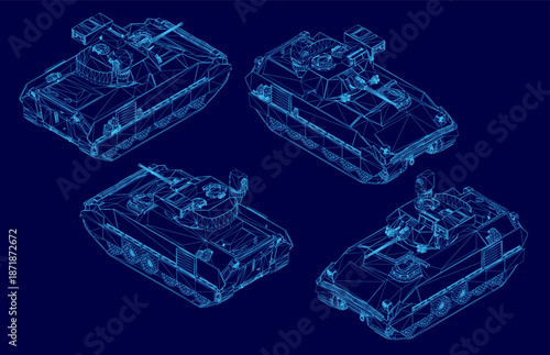 Four military tanks in a wireframe blueprint set on a blue background. The vehicles are arranged in a triangular formation with the largest central unit flanked by two smaller ones. Isometric view