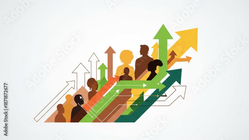 Diverse group of people with colorful arrows rising upwards in a graphic representation of growth and progress in a business or social context